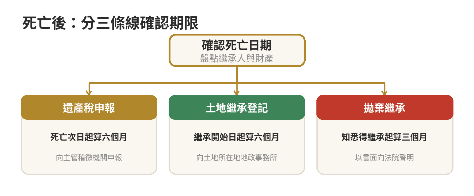 繼承相關期限總表:遺產稅申報、繼承登記、拋棄繼承各要在幾個月內辦 繼承期限處理流程:確認死亡日期、繼承人和財產後,分別辦理遺產稅申報、土地繼承登記;考慮拋棄者依知悉得繼承日期向法院聲明。