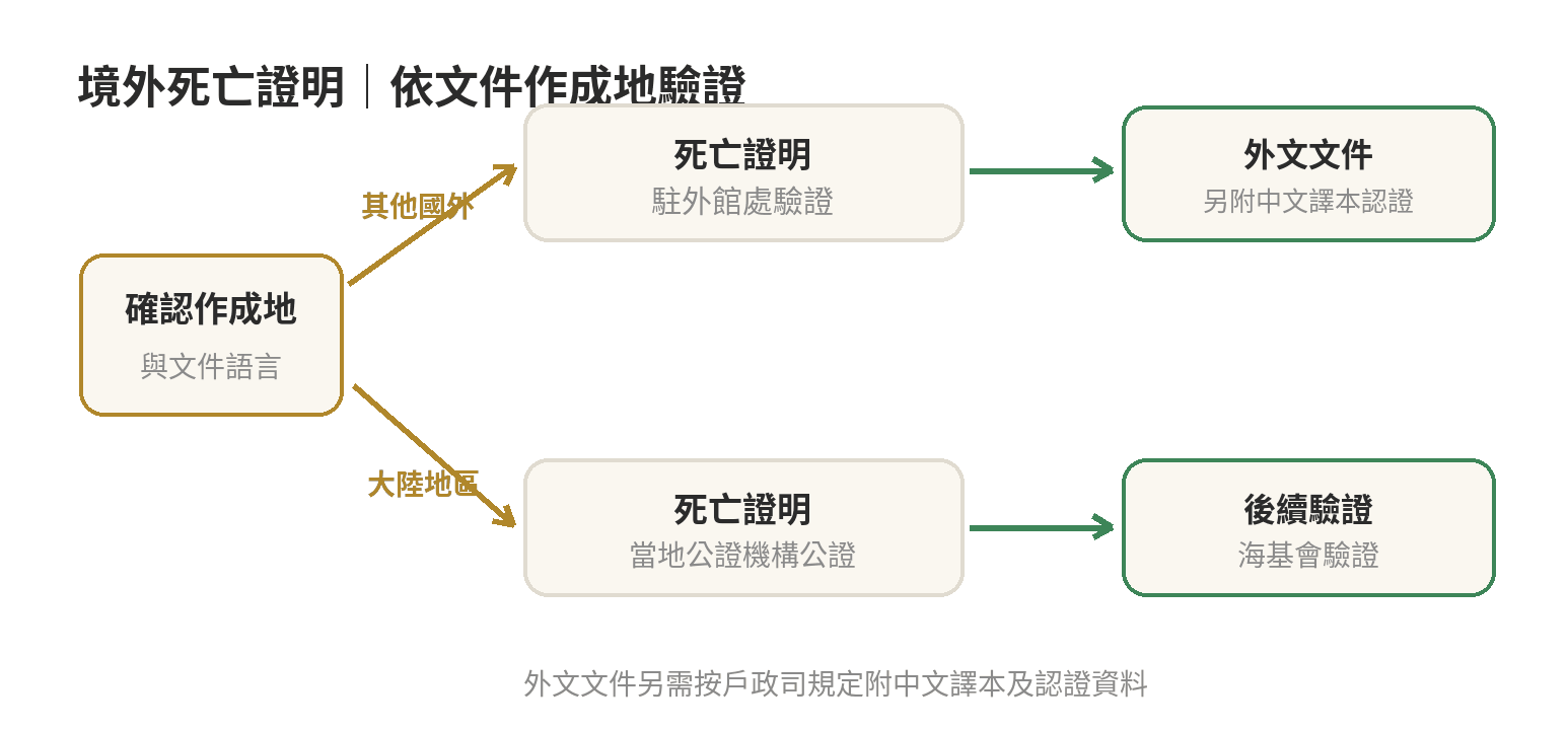境外死亡文件驗證流程分支：國外文件經駐外館處驗證；外文文件另備經認證的中文譯本；大陸地區文件先經公證機構公證，再由海峽交流基金會驗證。