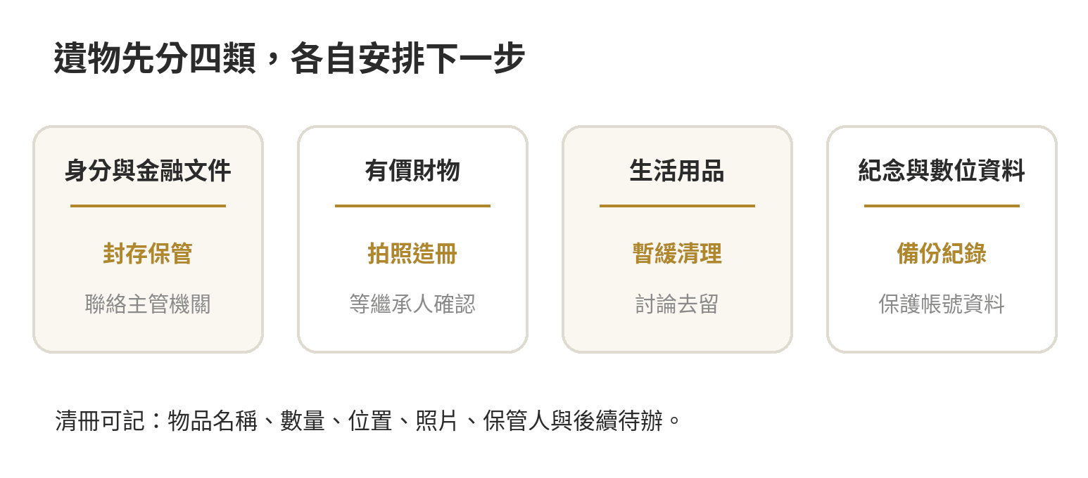 往生者存摺、證件與遺物怎麼處理 往生者遺物分類:身分與金融文件先保管,有價財物造冊供繼承確認,生活用品和紀念物另行整理