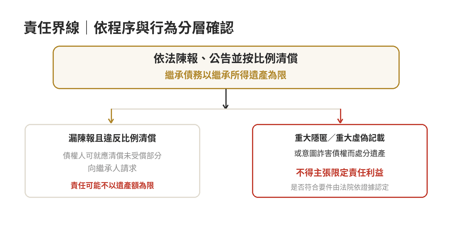 限定繼承後的責任界線圖：正常陳報與清償以遺產為限；漏陳報並違反比例清償可能對未受償部分負不受遺產額限制的責任；重大隱匿、重大虛偽記載或詐害債權處分不得主張限定責任利益。